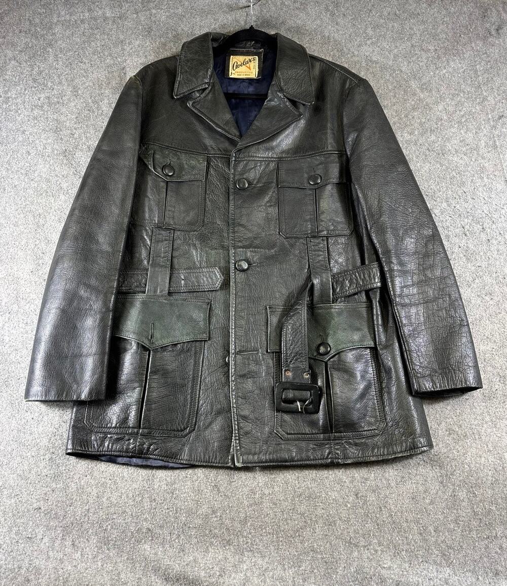 VINTAGE 70s Avelars Safari Jacket Mens Large Black Leather Belted Coat Outdoor